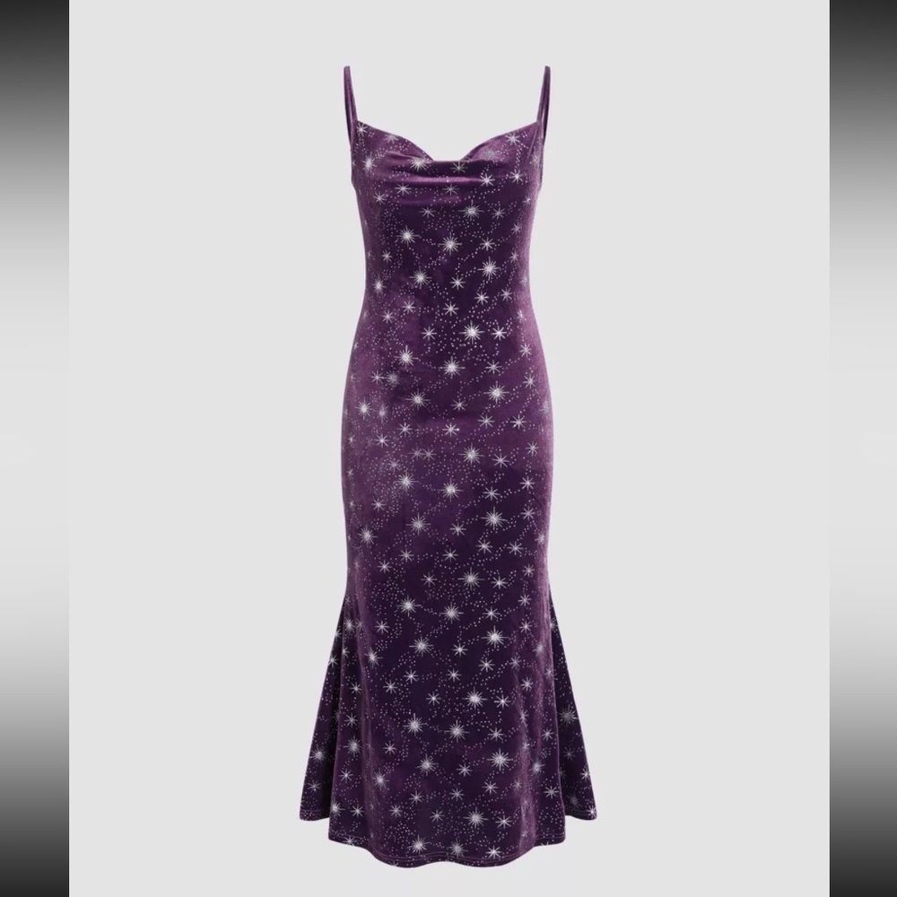 Velvet Cowl Neck Star Pattern Mermaid Dress
